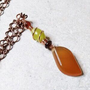 Unique Wire Wrapped Stone Necklace! Agate & Jade + Chunky Copper Chain